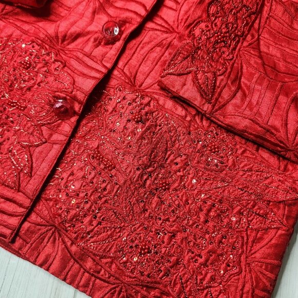 Vintage Anage Red Silk Jacket Topper Coat Boho Beaded Embroidered Blazer Medium - Picture 9 of 11